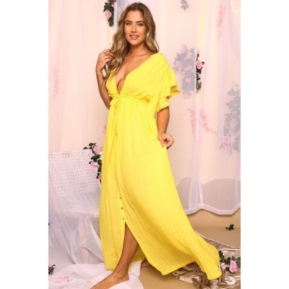 SOLD OUT Yellow Gauze Boho Button Short Slv Woven Gathered Maxi Coverup Dress - Picture 3 of 4